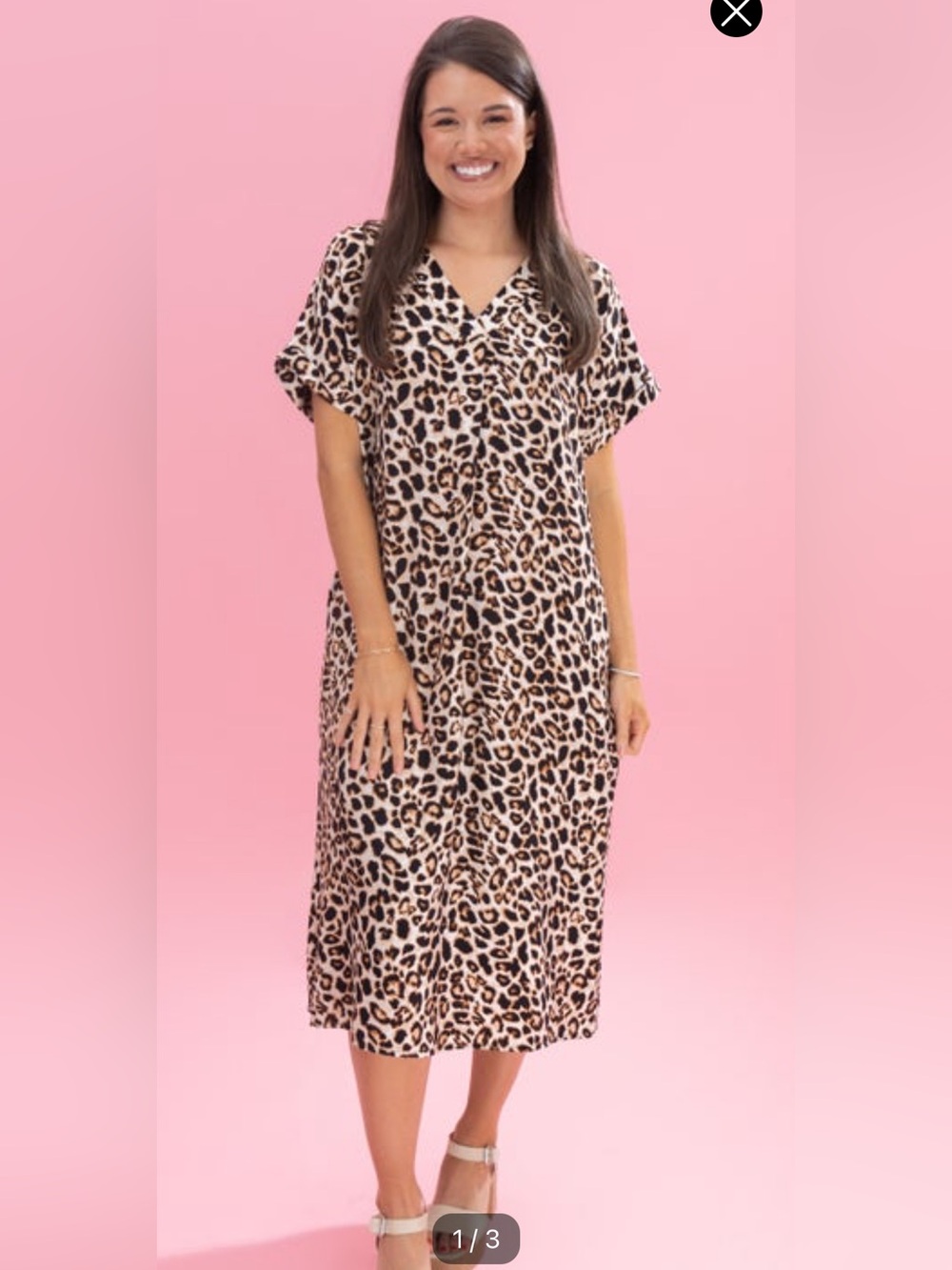 Leopard Print V-Neck Midi Dress in Beige & Black
